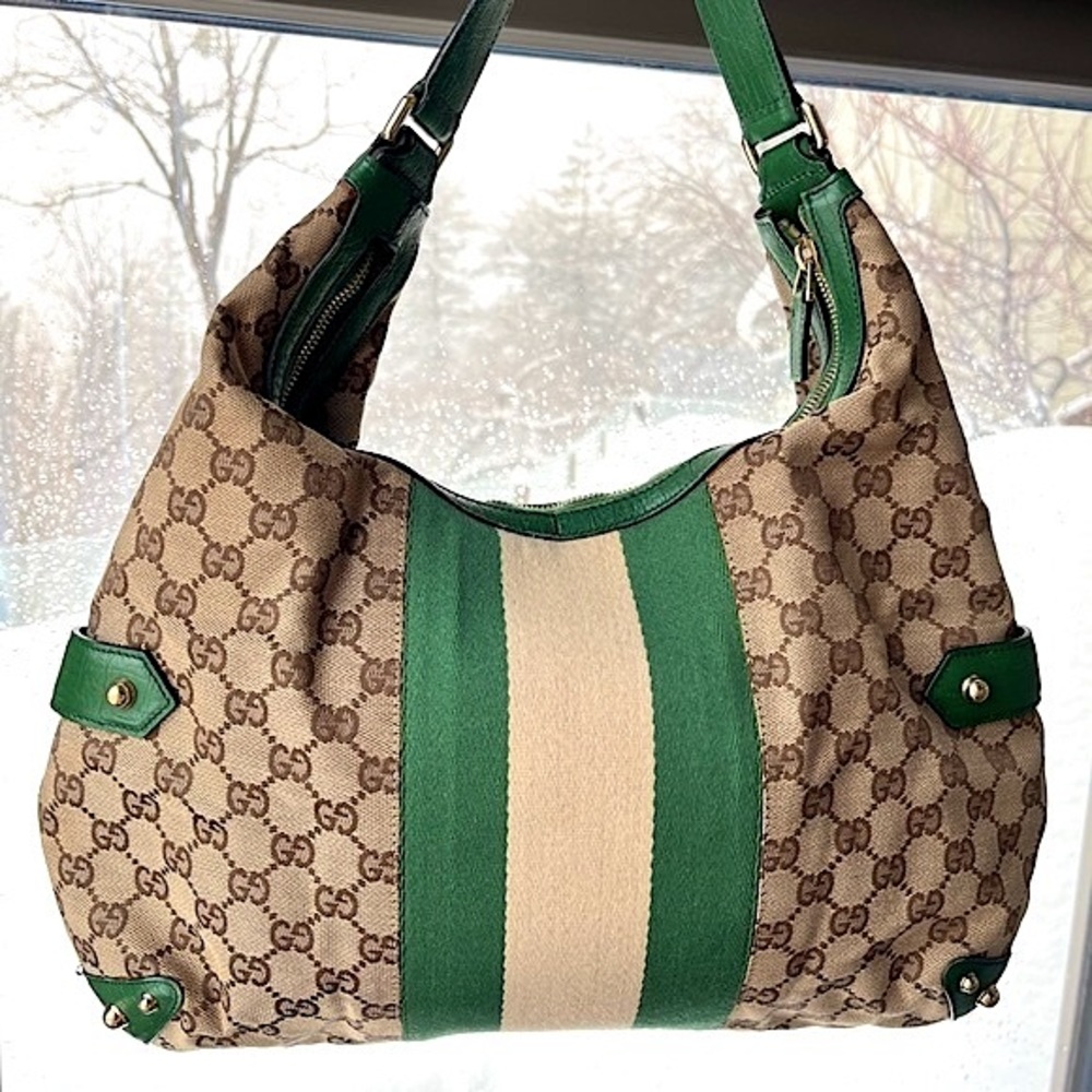 💚 Gucci: Horsebit Chain Studded Web Monogram Hobo Shoulder Bag - Picture 5 of 17